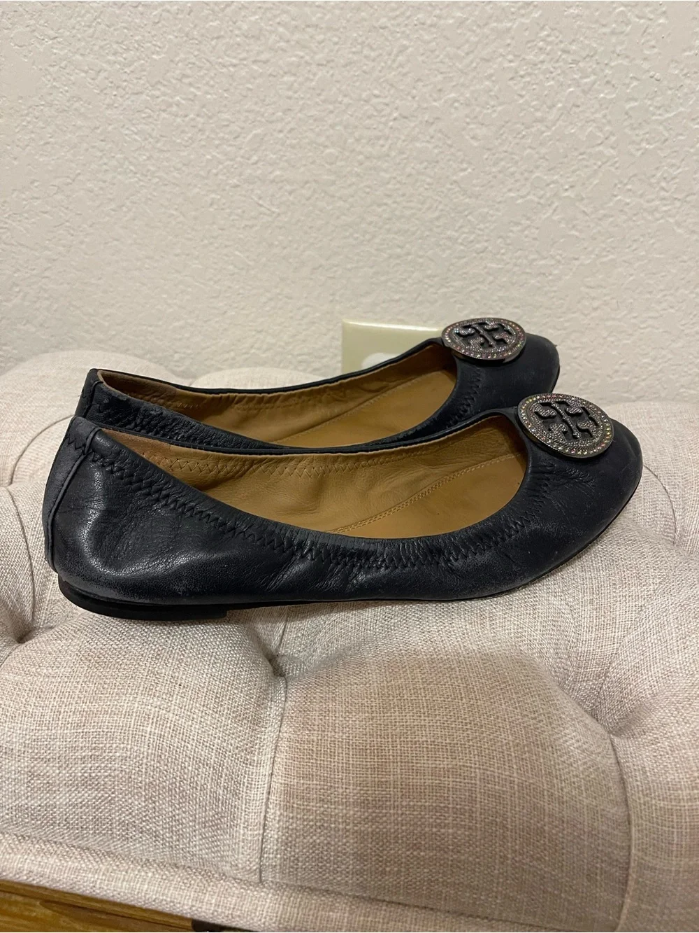 Tory Burch Navy Leather Logo Ballet Flats with Sparkle Medallions
